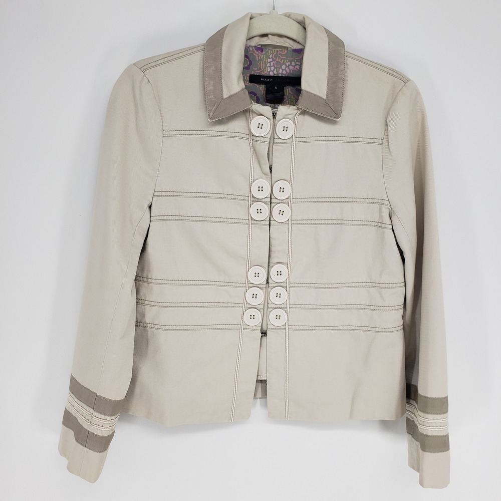 Marc Jacobs Military Inspired Button Front Jacket Women Size 4 Beige Cropped